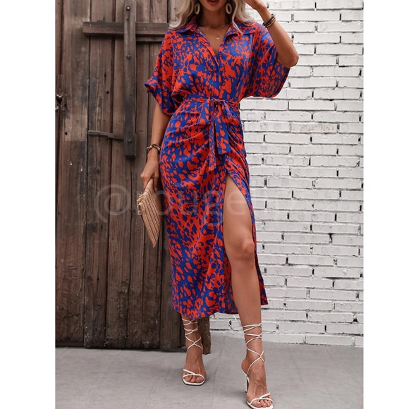Spotted All Over Print Button Through Tie Belt Ruched Maxi Shirt Dress - Picture 2 of 11